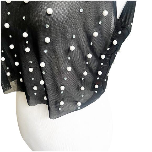 Oppa Pearl Rhinestone Sheer Mesh Crop Top Sexy See Through Short Sleeve NWT S - Picture 4 of 11